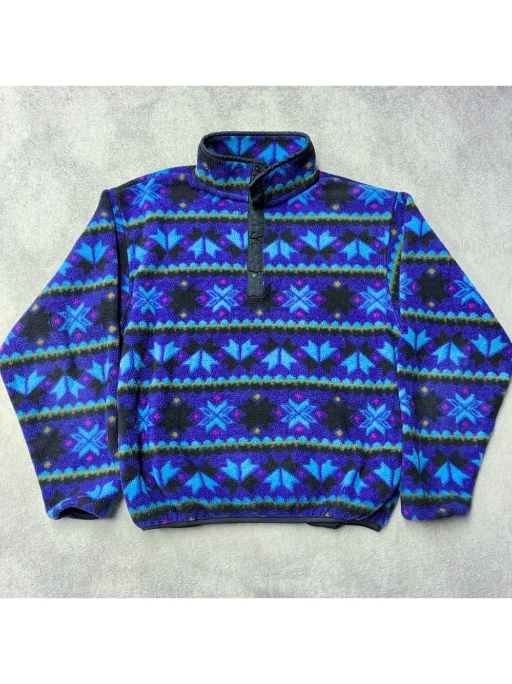 90s LL Bean Freeport Maine Snap Fleece Pullover Sweater Aztec Snowflake 22" P2P